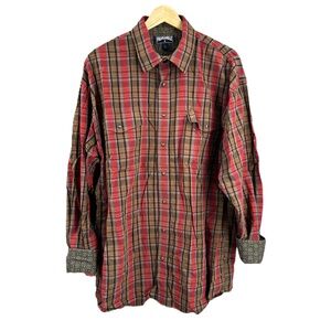 Panhandle Western Shirt Red Green Plaid Pearl Snap‎ Button Cowboy Large